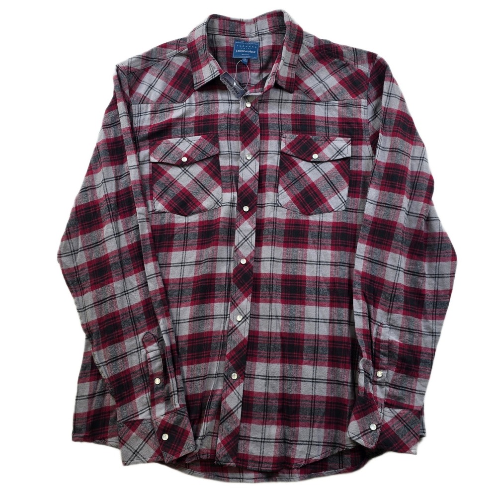 Jackson Hole Western Pearl Snap Flannel Shirt Mens‎ XL Red Grey Plaid Cotton NEW